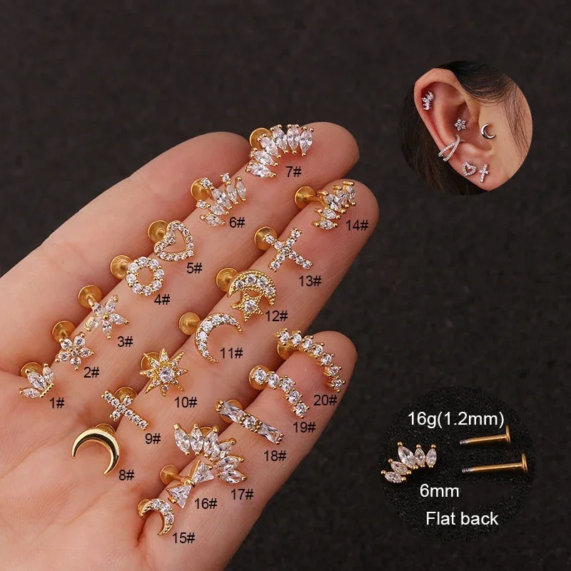 16G Flat Labret Back Ear Piercing Cross Heart Flower Crown CZ Cartilage Helix Conch Rook Tragus Labret Back Piercing Jewelry