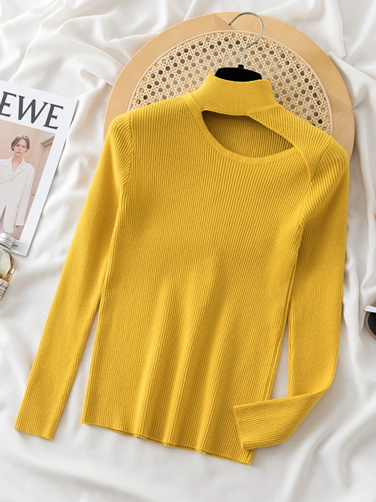 Skew Hollow-out Pullovers for Women Long Sleeve Half High Collar Knitted Sweater Female Korean Solid Jumper Pull Femme Sweaters