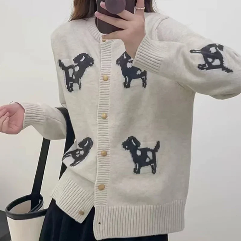 Autumn Winter New Fashion Dog Jacquard Wool Knitted Cardigan Women\'s Clothing Loose O-neck Thick Warm Basic Sweater Soft Tops