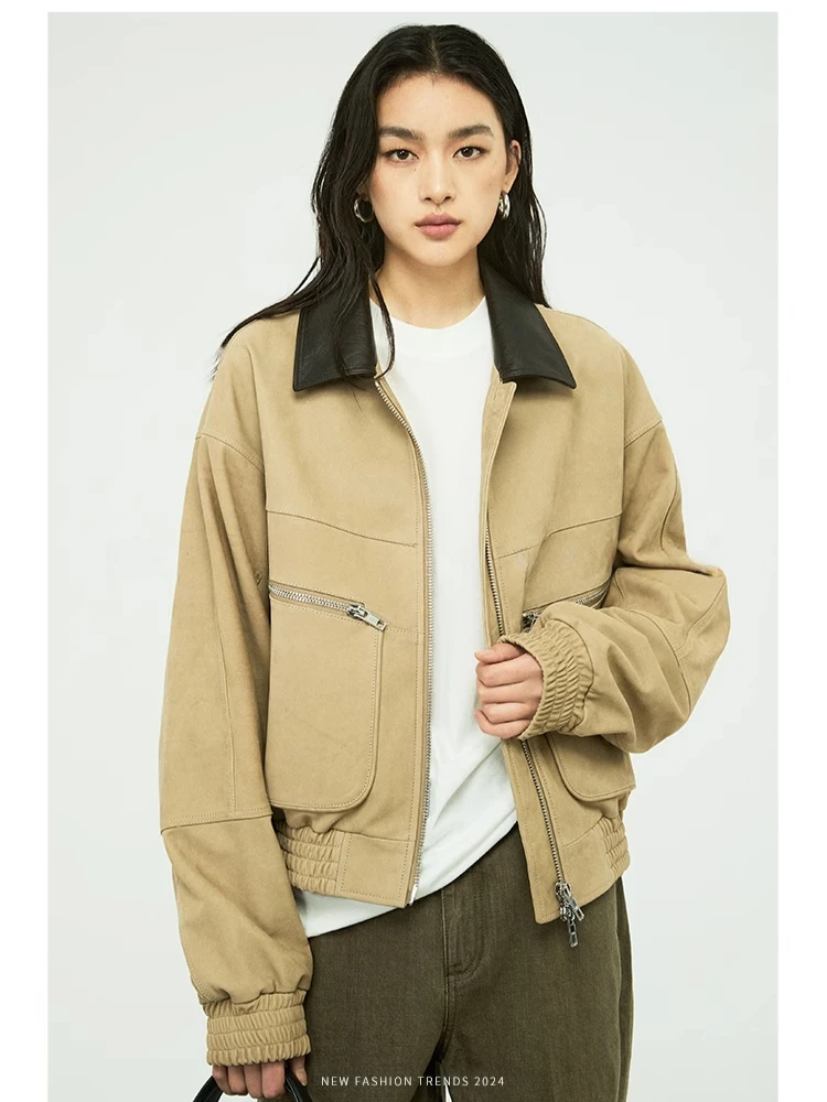 

Retro Short Genuine Leather Motorcycle Jackets for Women Spring Autumn High-end Simple Contrast Lapel Real Cow Leather Coat