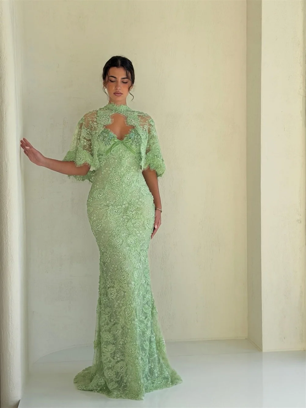 Bella Customized High Neck Sweetheart Neck Prom Dress Floor-Length vestidos de noche 3D Floral Lace Appliques Evening Dresses