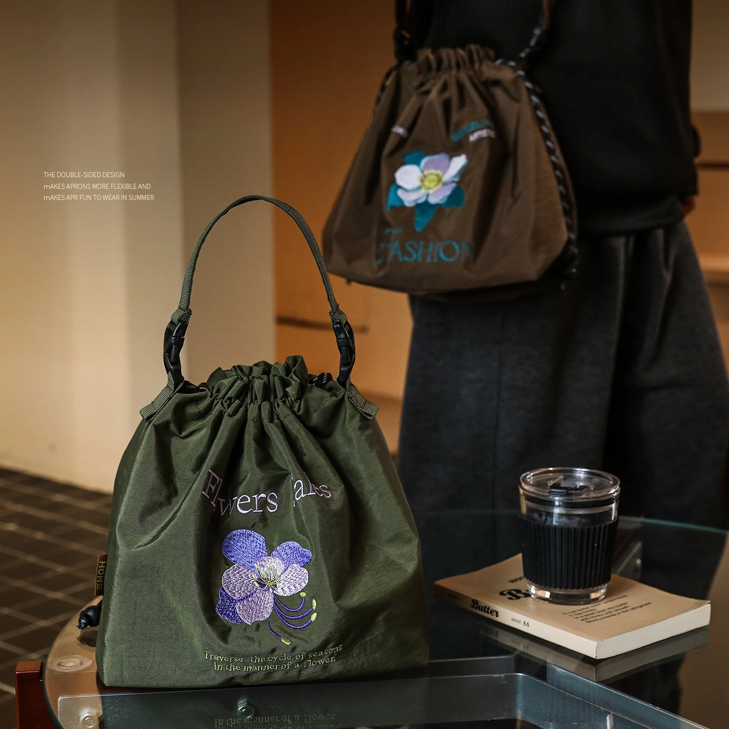 Nylon lightweight embroidered hand-held insulated lunch bag, large-capacity waterproof crossbody single-shoulder bento bag