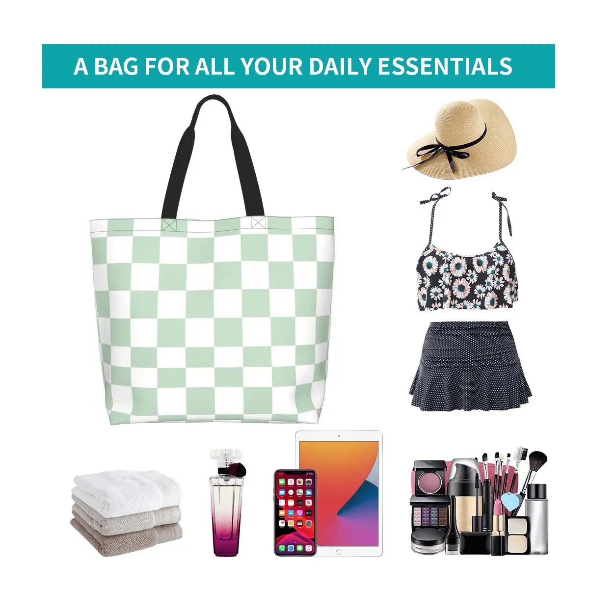Checkerboard Mini Check Pattern Shopping Tote Bag Canvas Large Capacity Shoulder Bags Shopper Grocery Handbag for Women