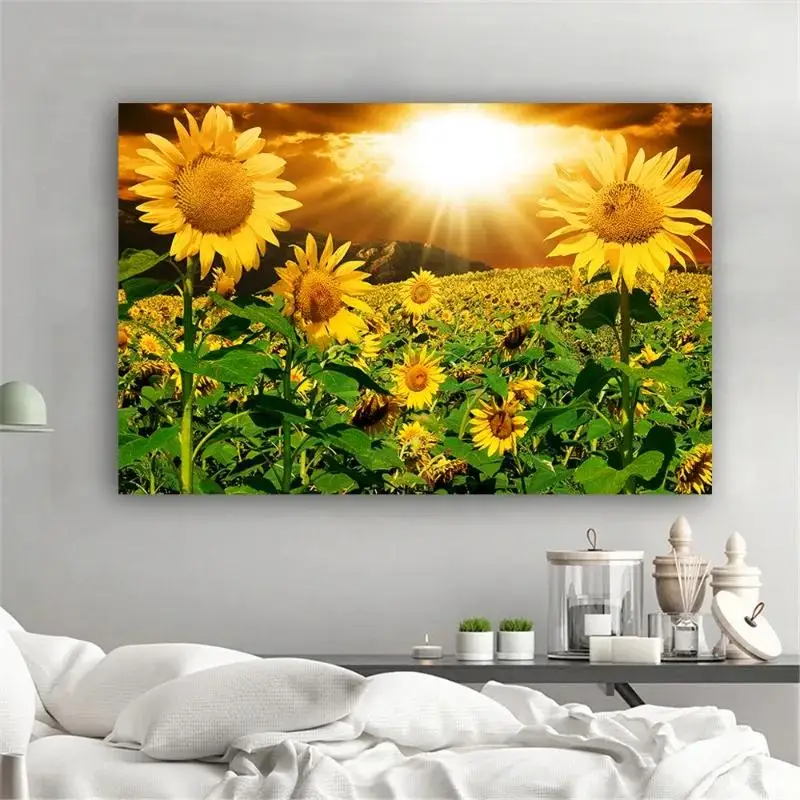 Sunflower Landscape Canvas Art  Sunrise Nature Scene Wall Poster Living Room Decor Unframed