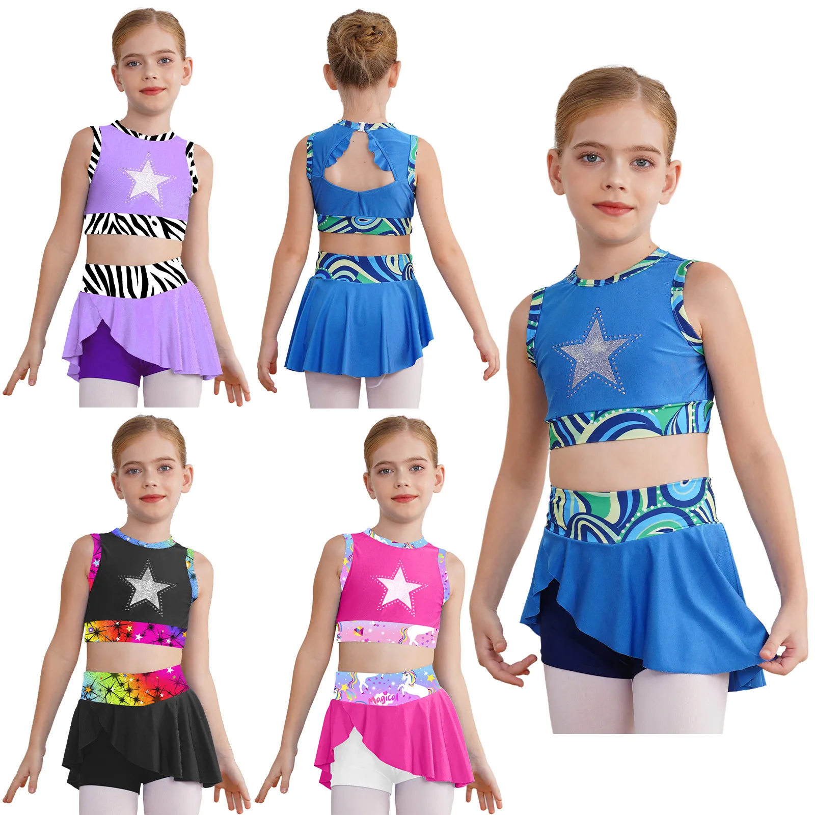 أطفال بنات الباليه الرقص الجمباز الزي بلا أكمام مطبوعة تانك الأعلى مع تنورة رياضية الهتاف Dancewear ملابس السباحة الرياضية #4