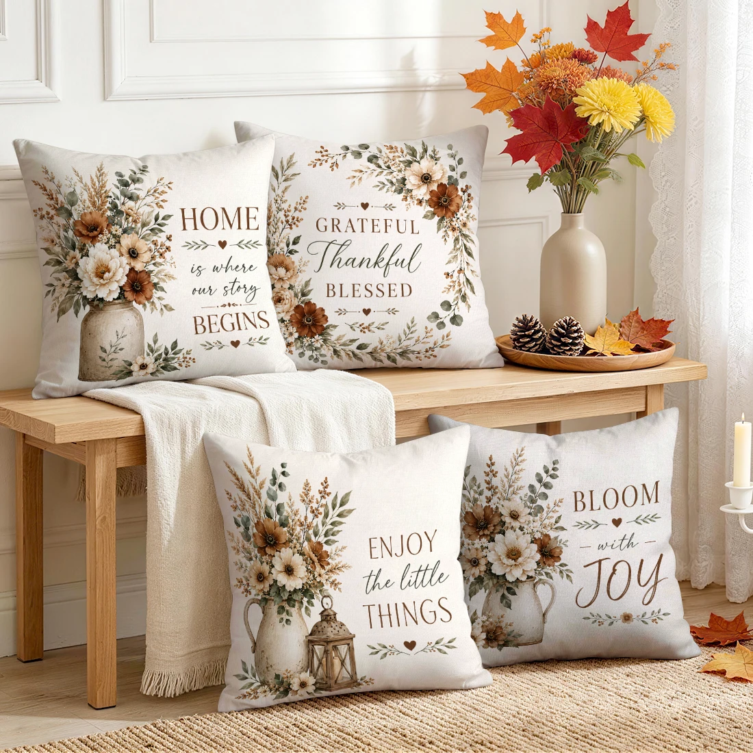 Autumn Flowers Pillowcase Printed Polyester 40/45/50cm Throw Pillowcover Decorative Sofa Cushion Pillowslip Home Decor