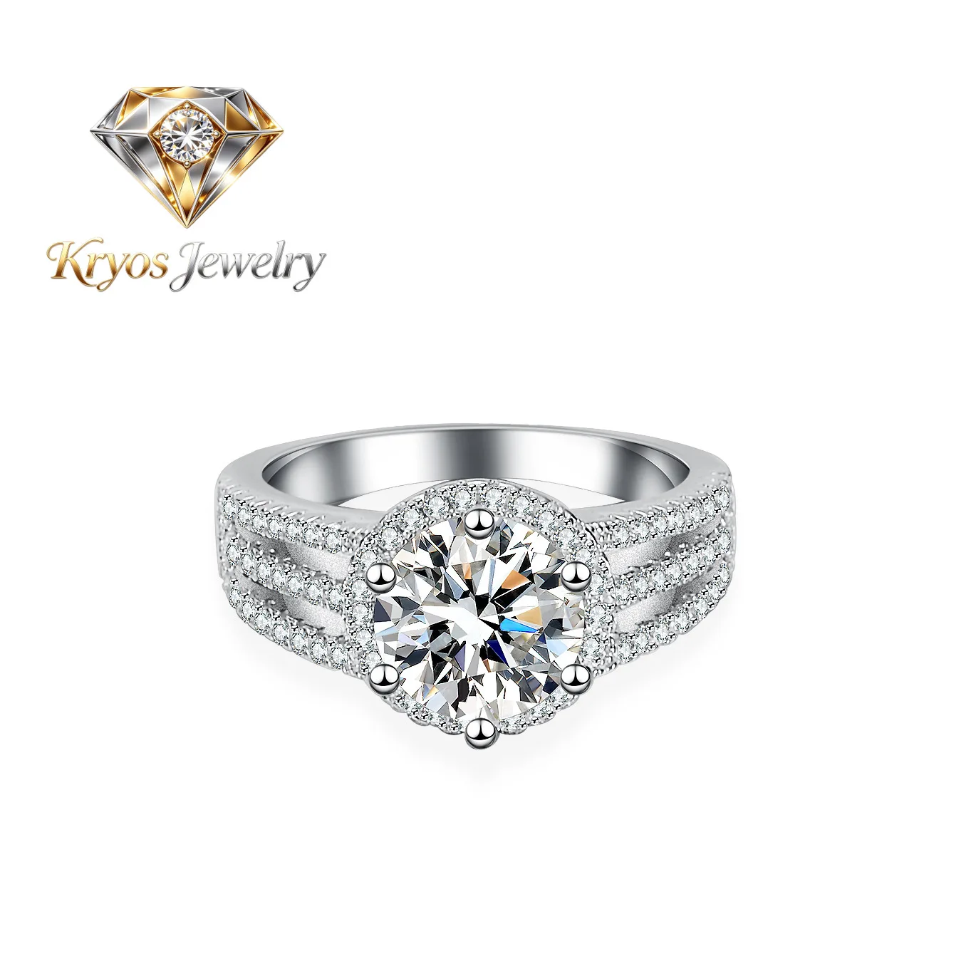 

Kryos Jewelry PT950 Platinum Three-Row Ring - 2 Carat Moissanite with Stylish Craftsmanship, Women's Trendy Jewelry