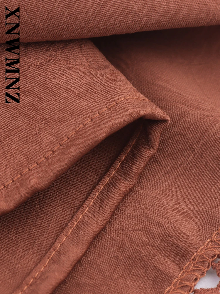 XNWMNZ 2025 verano mujer club moda banda elástica falda con gradas pantalones Sexy señora marrón empalme pantalones cortos Chic cintura alta