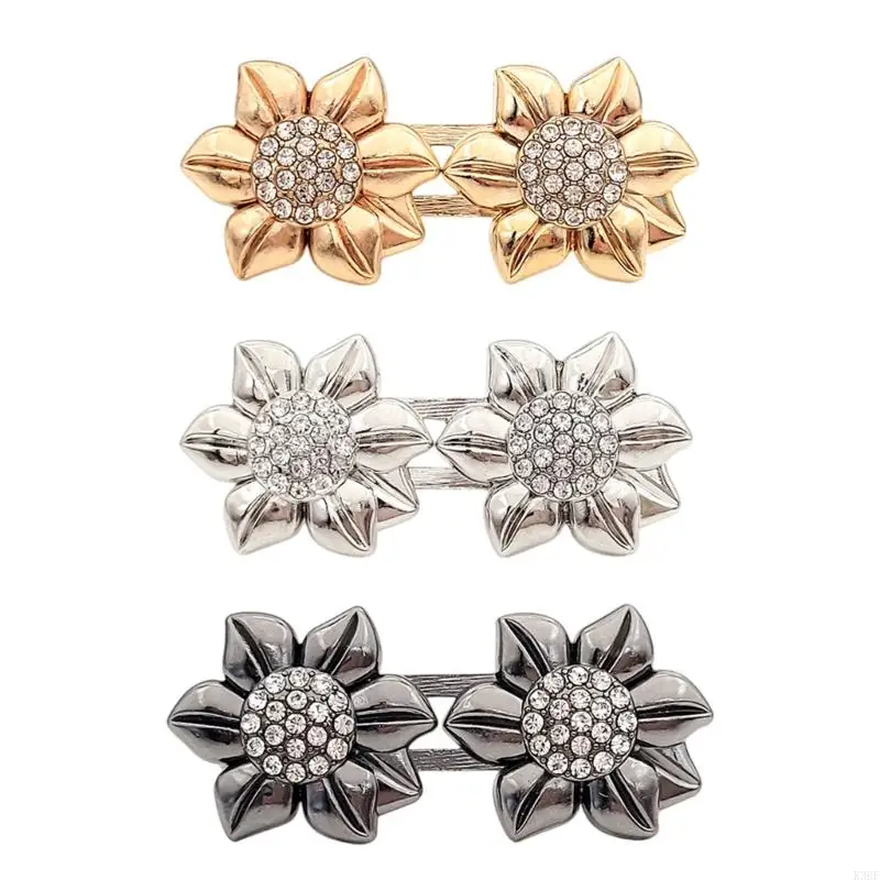 

K3KF Rhinestones Flower Waistband Button Adjustable Closure No Sew Alloy Clothing Decoration For Pants
