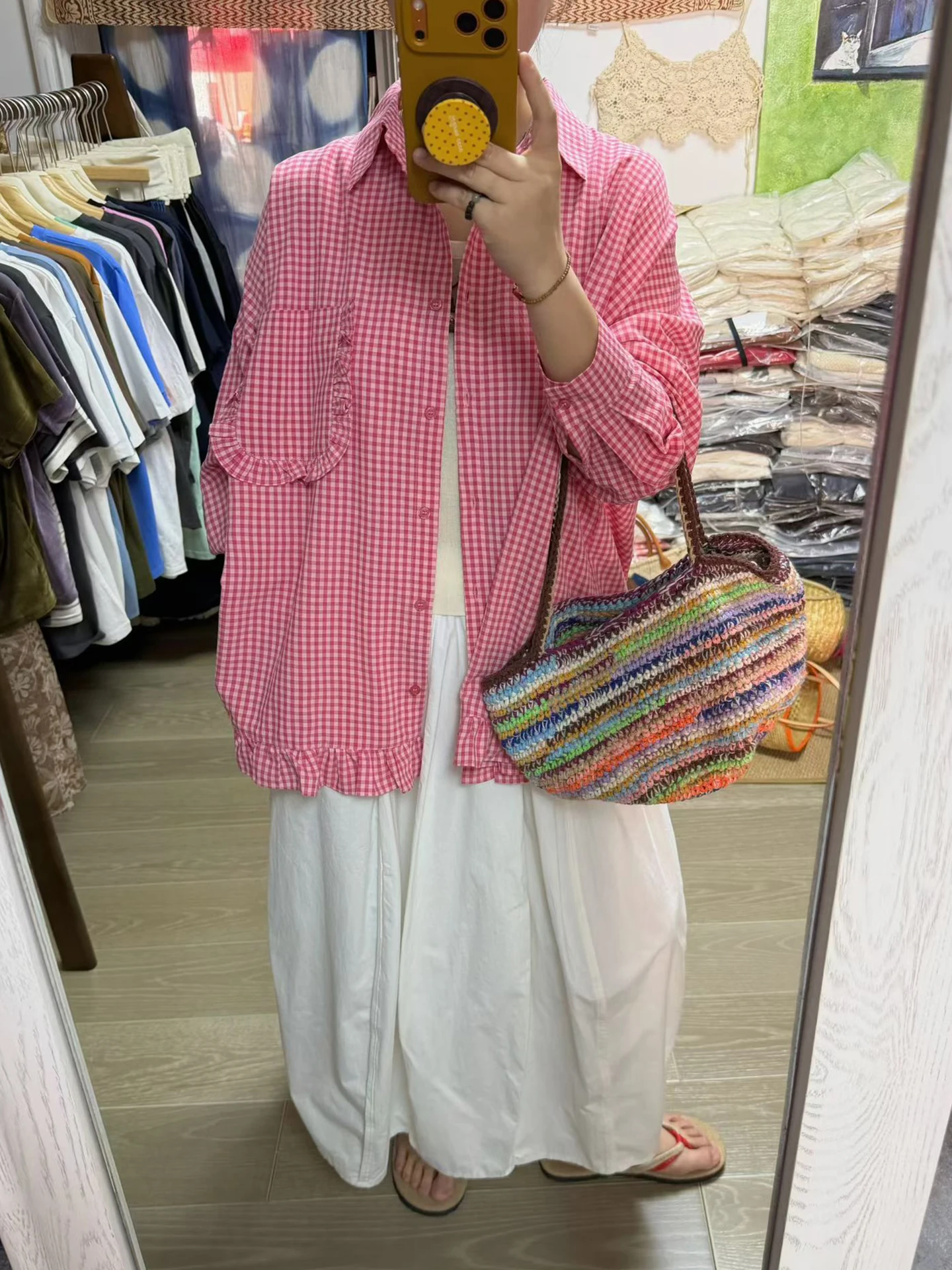 

Summer Vintage Loose Plaid Ruffle Sun Protection Shirt plus Size Women's Pink Blue Floral Oversized Casual Inner Wear