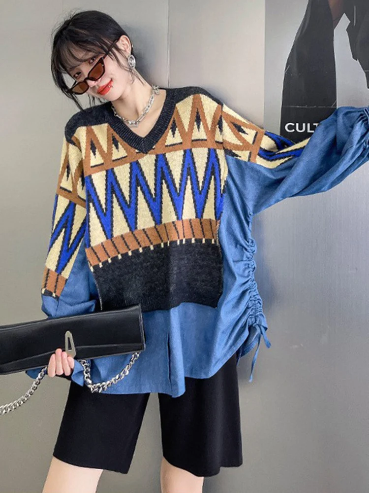 [EAM] Blue Pattern Denim Big Size Knitting Sweater V-Neck Long Sleeve Women Pullovers New Fashion Spring Autumn 2024 1DH6996