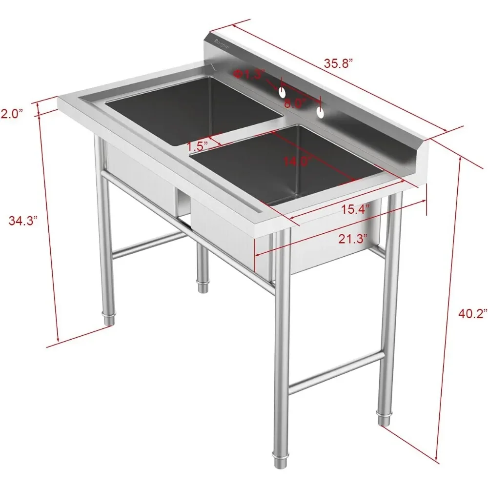 Pia comercial de aço inoxidável 304, pia utilitária independente de 2 compartimentos para garagem, restaurante, cozinha, lavanderia