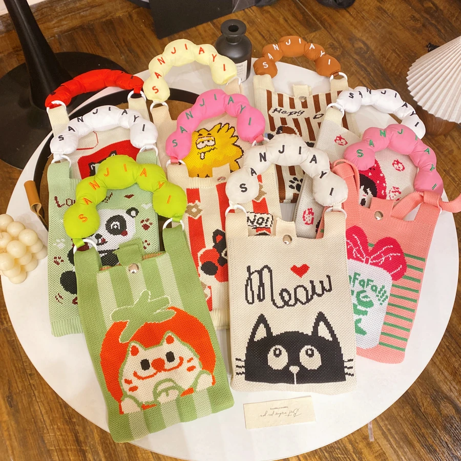 Portable Knitted  Handbag Cute Cartoon Multi-Function Mobile Phone Bag Commuting Storage Crossbody Small Bag for Men And ... view 3
