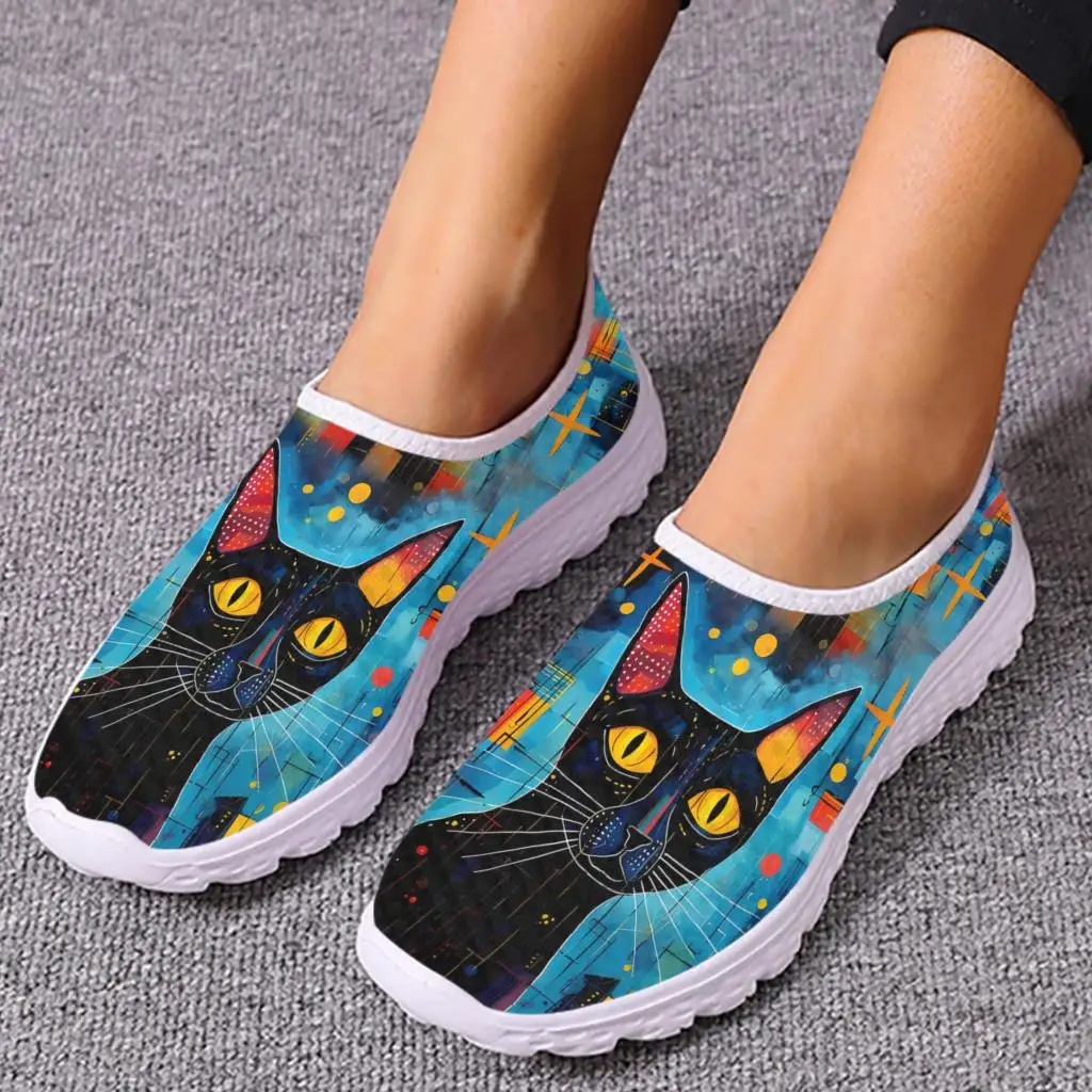 INSTANTARTS Slip On Shoes For Women Hand Painted Black Cat Designer Summer Mesh Shoes Lightweight Home Loafers Cartoon Cat Shoes