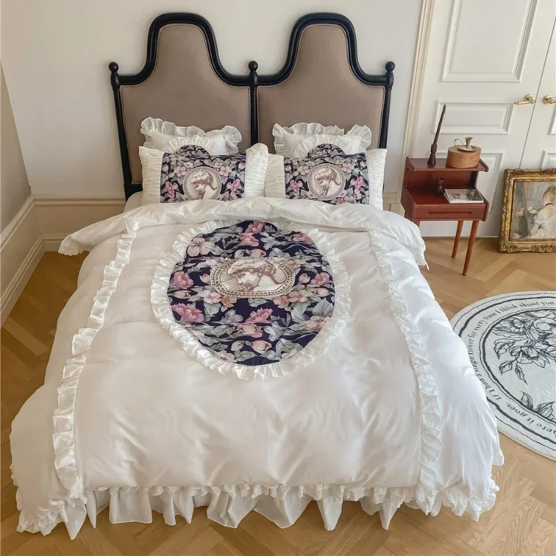 French Vintage Washed Cotton Four Piece Sika Deer Sticker Embroidery Pure Cotton Lace Quilt Cover Bed Skirt Bedding