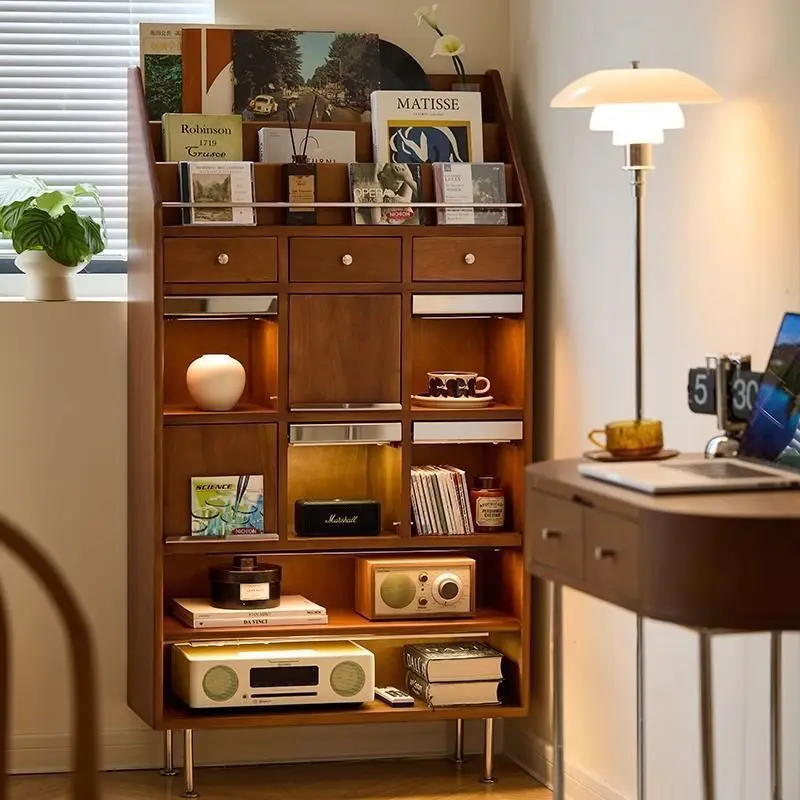 

Retro solid wood bookcase, magazine cabinet, simple Japanese-style, study, small apartment storage locker, traditional