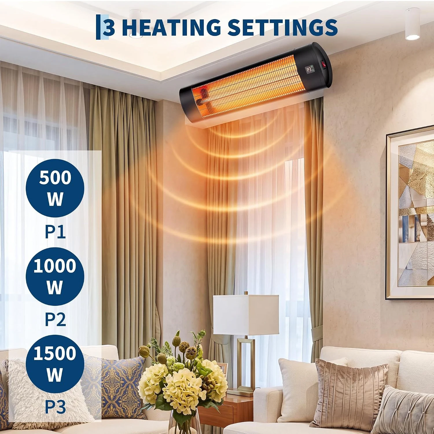 1500W Wall or Ceiling Mounted Infrared Patio Heater Carbon Fiber Electric Heater with Remote Control 24 Hour Timer 3 Heat Levels and IP67 Protection Black for Patio Balcony Garage and Outdoor Dining