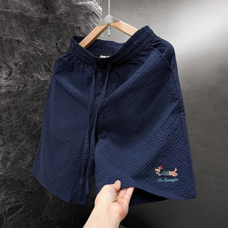 

Qui Dry Bubble Cloth orts Мужские летние тонкие повседневные спортивные брюки длиной пять четвертей свободного покроя с эластичной резинкой на талии и прямыми штанинами