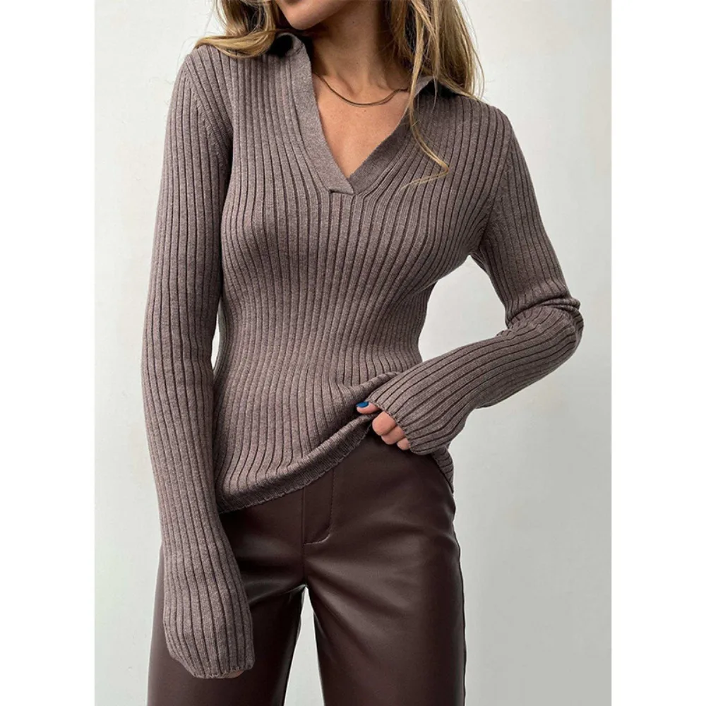 Women's Pullover Knitted Sweater POLO Collar Temperament Commuting Slim Fit Pit Stripe Base Autumn and Winter New Style