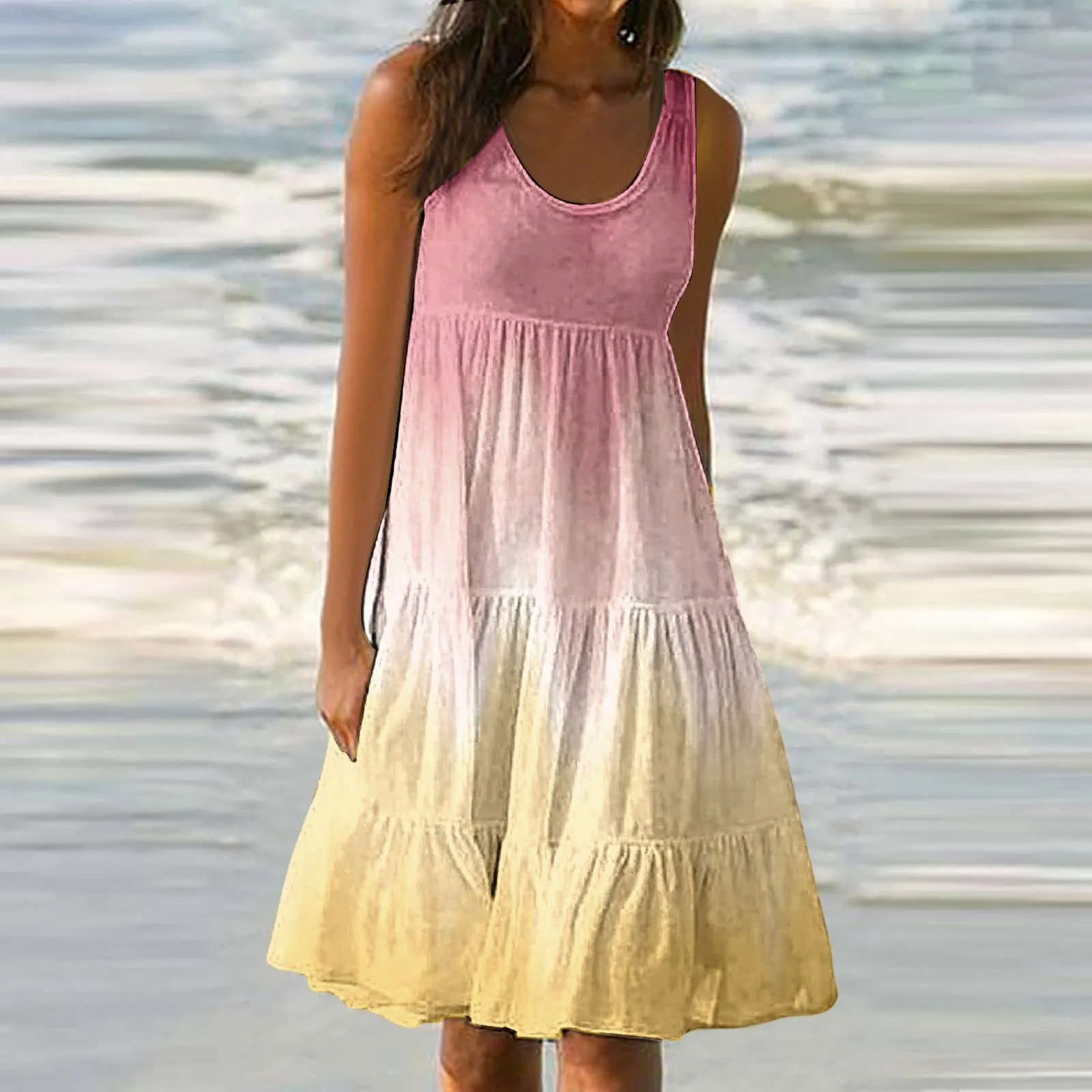 

2024 Women Causual O Neck Sleeveless Ruffles Mini Dress Boho Solid Beach Sundress Oversized Loose Dress Summer