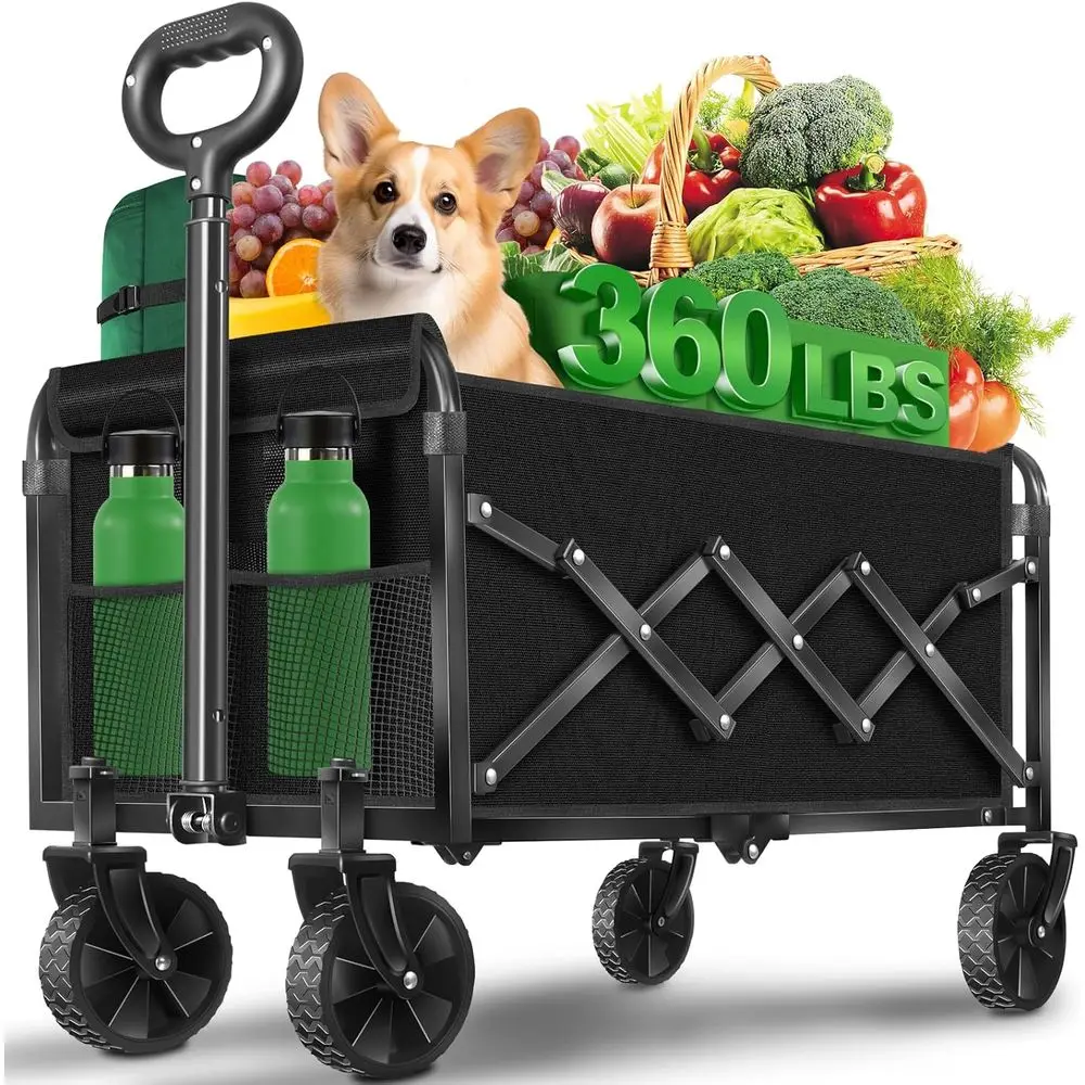 

Складная тележка на колесах, легкая и портативная, для пляжа, кемпинга, спорта и сада, 2 подстаканника, черная, грузоподъемность 360 фунтов.