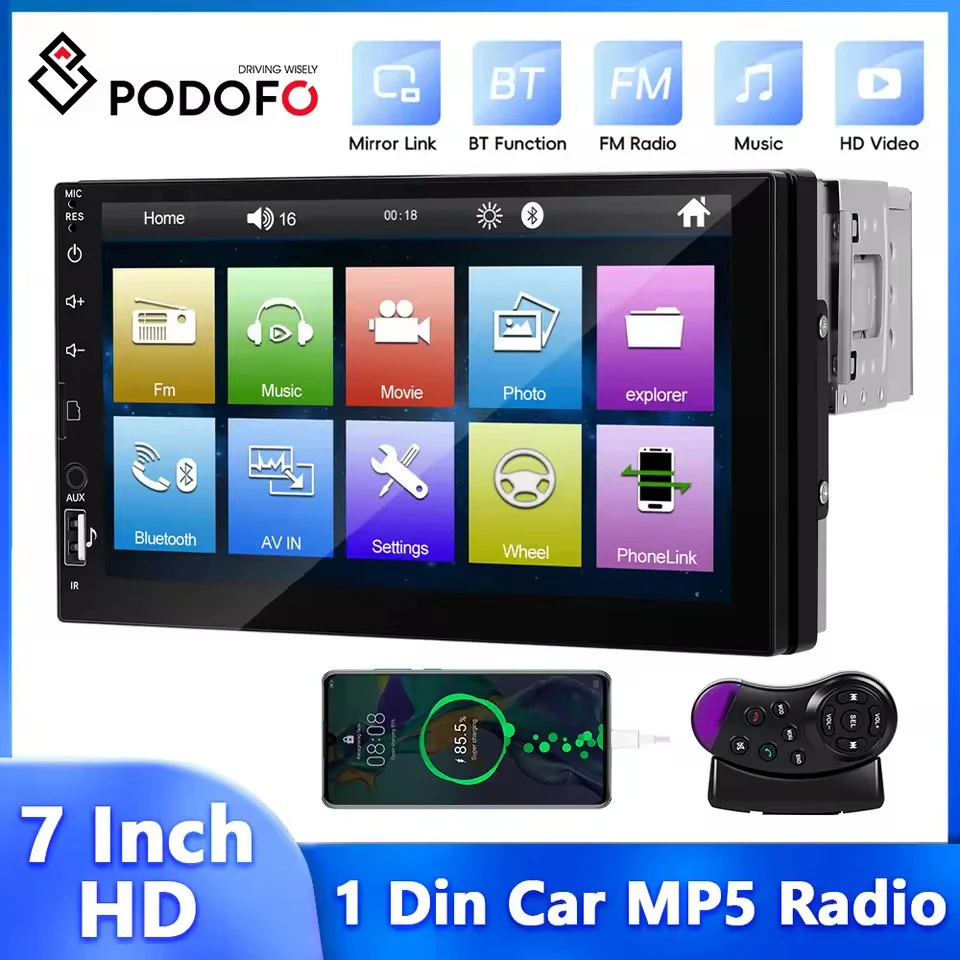 Podofo 1Din مشغل MP5 مرآة رابط 7 ''شاشة تعمل باللمس مشغل وسائط متعددة EQ بلوتوث USB FM عكس كاميرا الرؤية الخلفية ستيريو السيارة #1