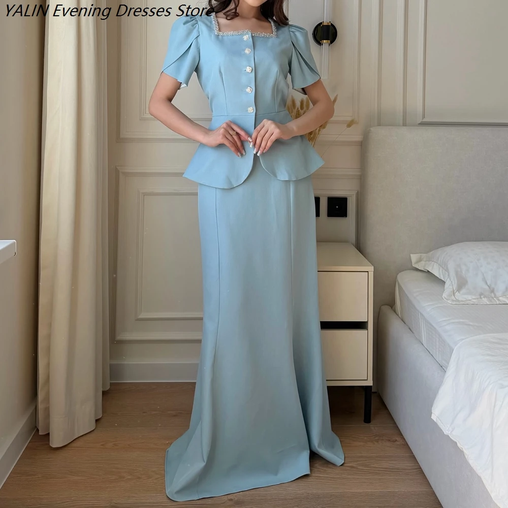 

Women's A-line Evening Dresses Floor-length Square Collar Short Sleeve Prom Dresses Fashion Button Sequined Customized Gowns
