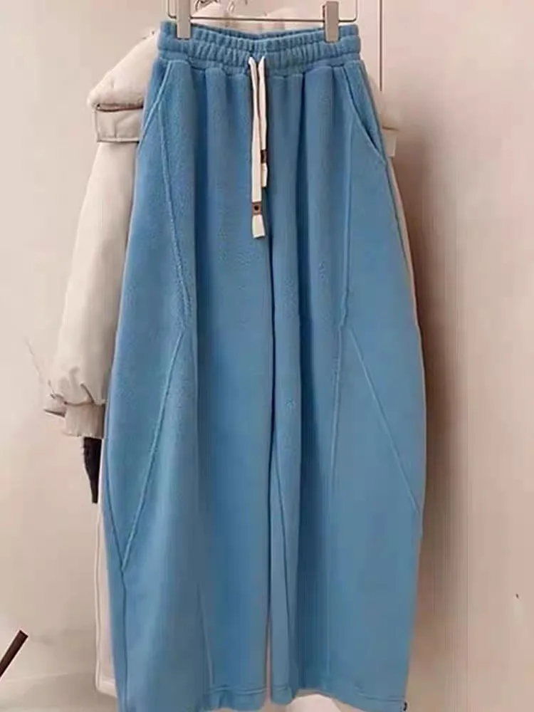 

High Waist Flared Blue Wide Leg Pants Thiened Fce Straight Cut Women's Autumn Winter Trousers Commute Sle Pure Color