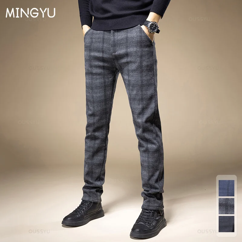 Brand Clothing Classic Plaid Work Stretch Pants Men Cotton Business Straight Fit Grey Black Blue Korea Casual Trousers Male 38