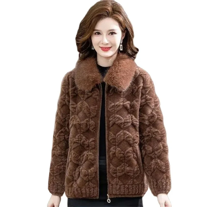 

Women Fashion New Jacket Autumn Winter Middle Aged Mother Imitation Mink Velvet Fur Collar Warm Zipper Knitted Cardigan Female