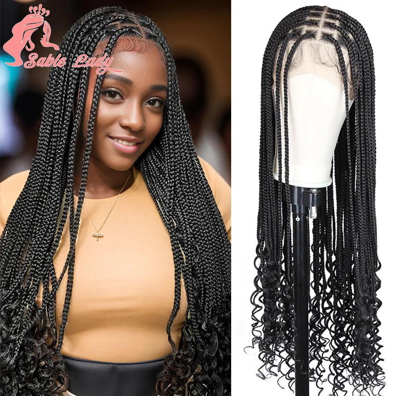 

Synthetic Curly Hair Braided Wigs for Black Women Knotless Full Lace Front Box Braids Wig With Curly Ends Goddess Braiding Wig