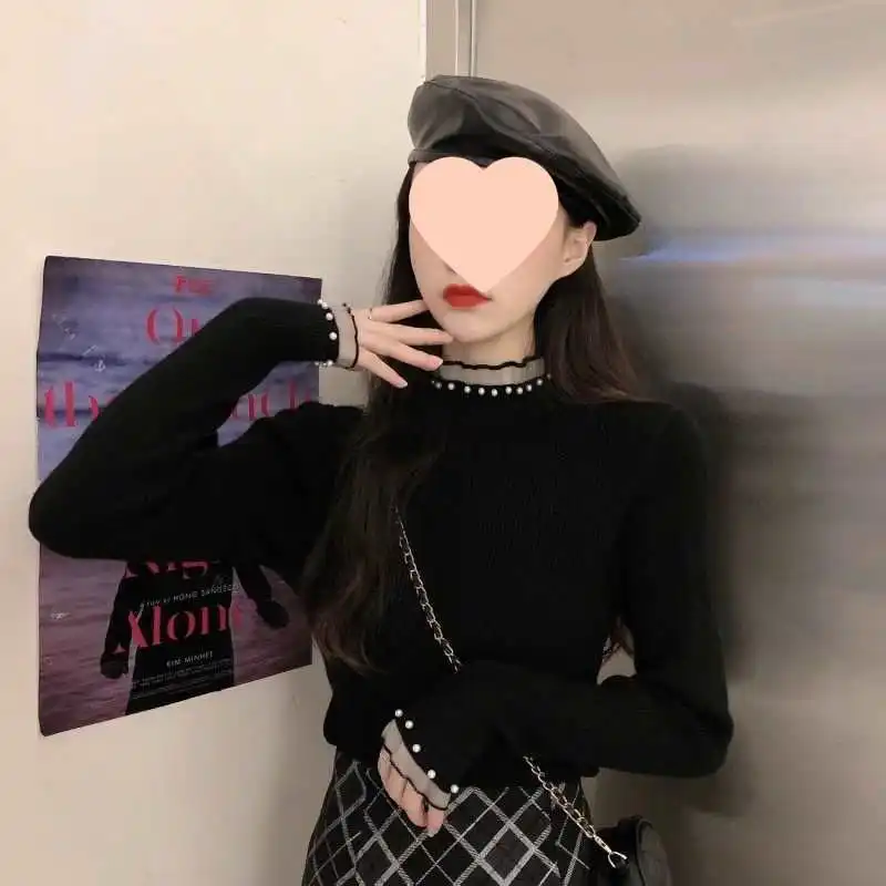 

Базовая рубашка с внутренним слоем, весенне-осенний свитер, новая полуводолазка с длинными рукавами, зимний стильный черный вязаный свитер, женская мода