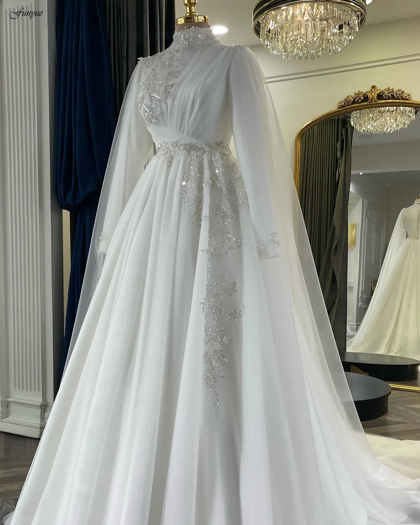 Funyue Vestido De Noiva 2024 Delicate Chiffon with Beading Plus Size Wedding Dresses for Bride Tulle Cape Muslim Bridal Gown