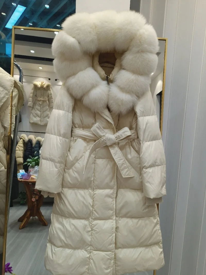 Autumn Winter 2026 New Large Natural Fox Fur Collar Women's Mid-length White Duck Down Down Jacket Extra-thick Warm Fur Coat