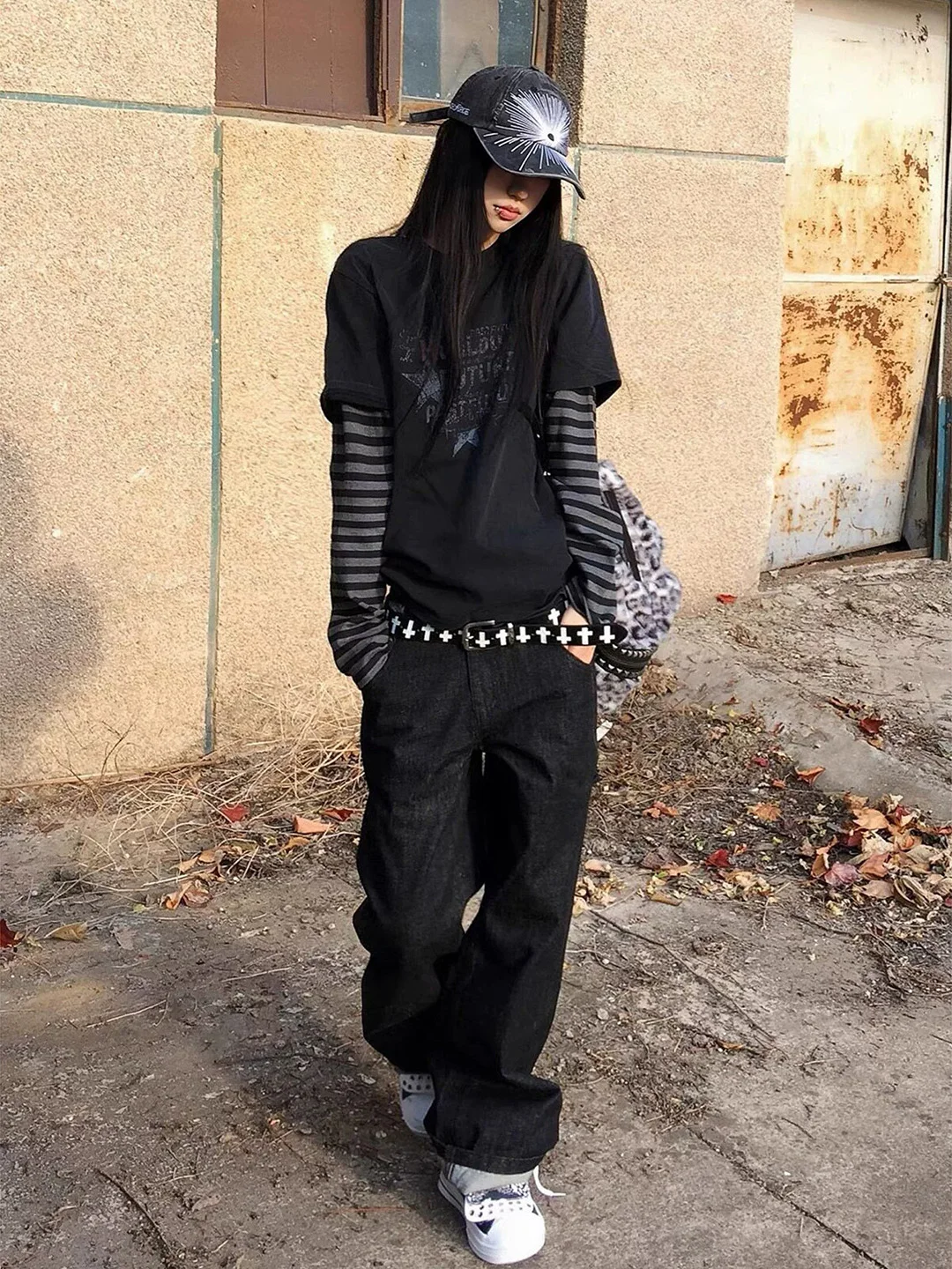 American Light Asian Style Fake Two-Piece Worn-look Striped Long Sleeve T-shirt Women Loose Versatile Design Top for Autumn