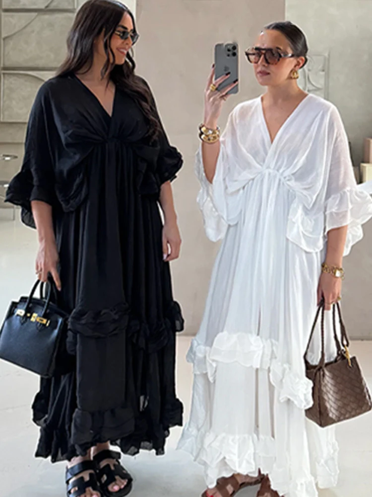 

HH Summer Women New Fashion Solid V-neck Midi Short Sleeve Long Dress Female Casual Ruffle Edge Pleated Sexy Waist Dress