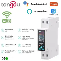 1P 50A Tuya WIFI Smart Switch Circuit Breaker LED Energy Meter KWh Power Metering Timer Relay Remote Control Smart Life APP