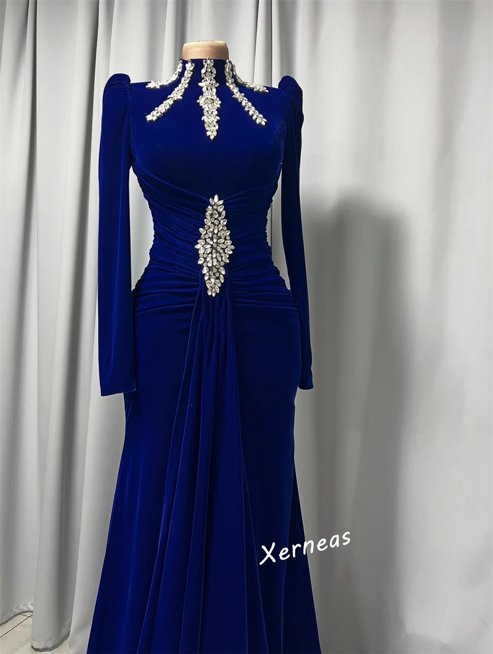Customized Jersey Rhinestone Pleat High Collar Trumpet Floor-length Bespoke Occasion Evening Dresses Classic Exquisite Formal