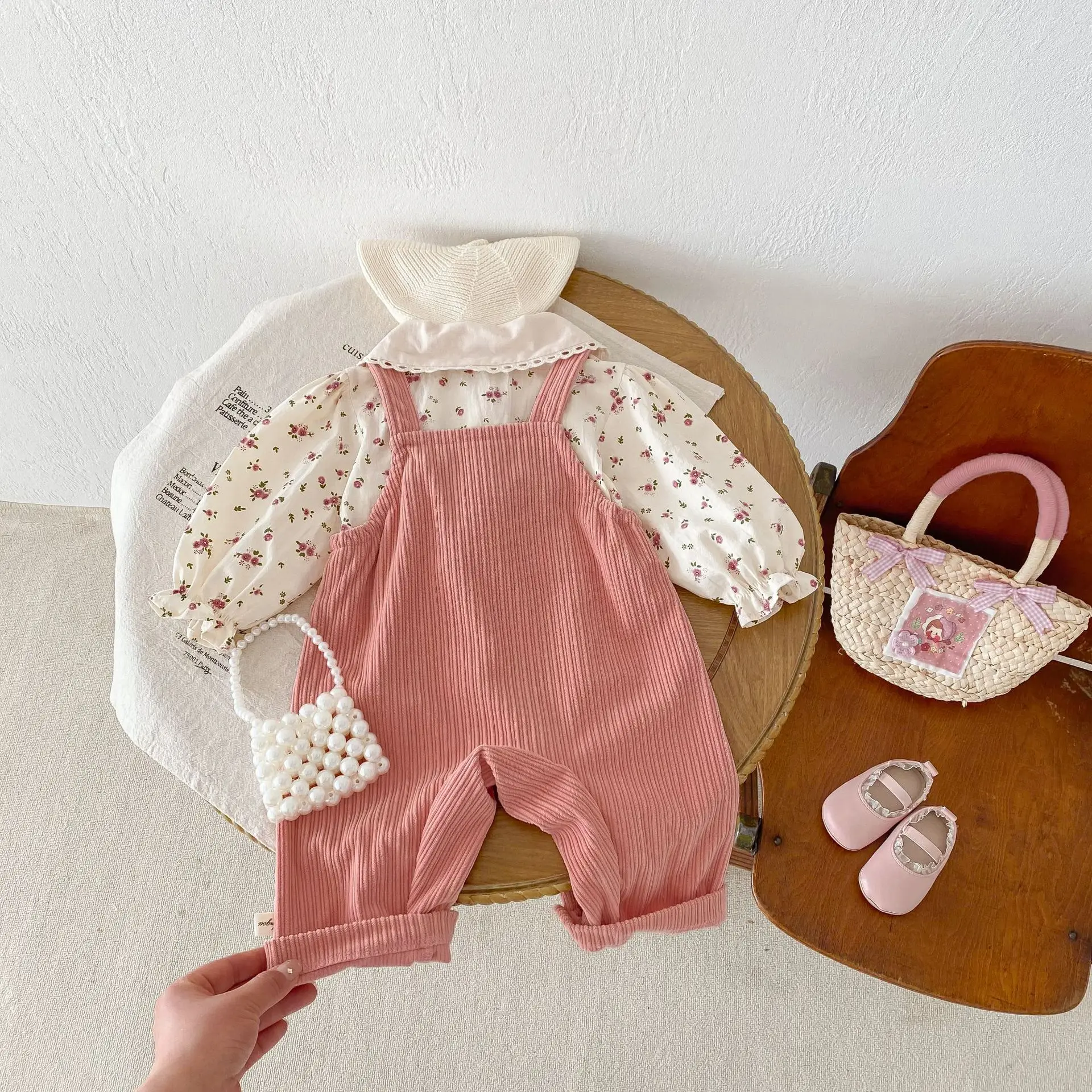 Autumn Newborn Infant Baby Girls Cartoon Corduroy Romper + Lapel Flower Shirt Rompers Kids Onepiece Fashion Baby Clothing