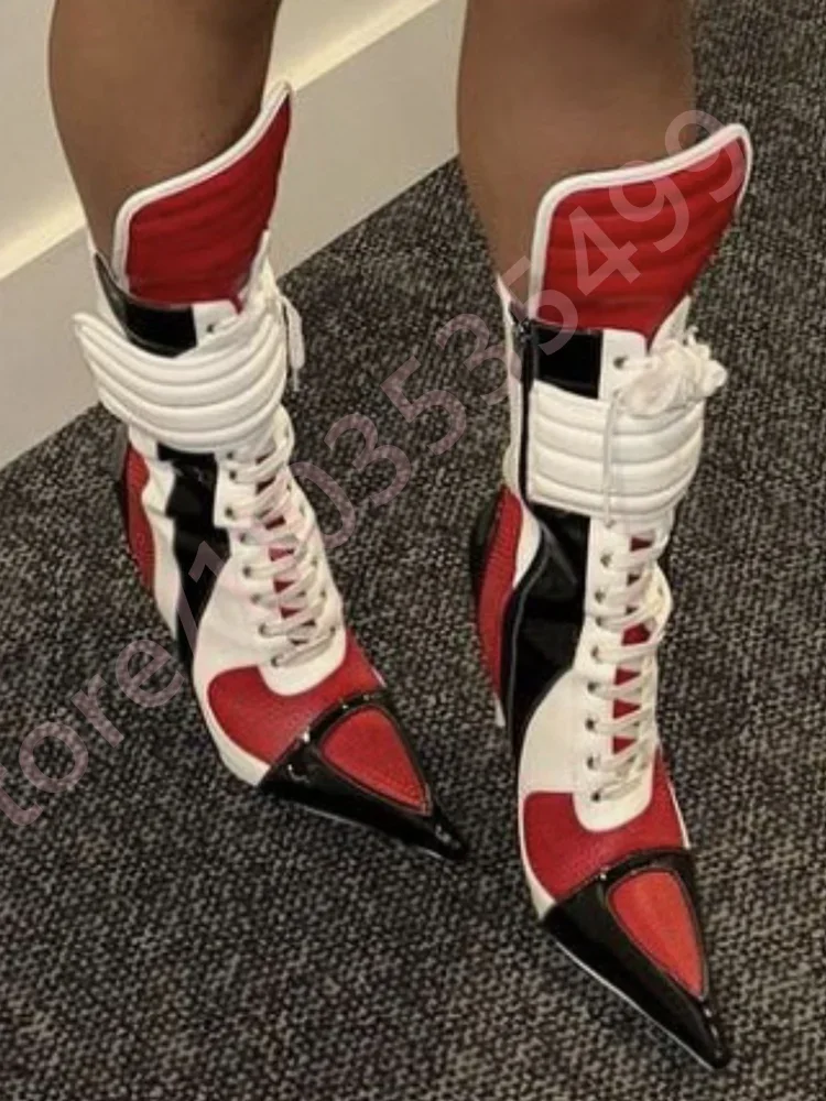 

Мотоциклетные ботинки на шпильке в стиле панк, новинка 2025, модные модные вечерние ботинки на шнуровке с острым носком, уличные сексуальные женские подиумные короткие ботинки