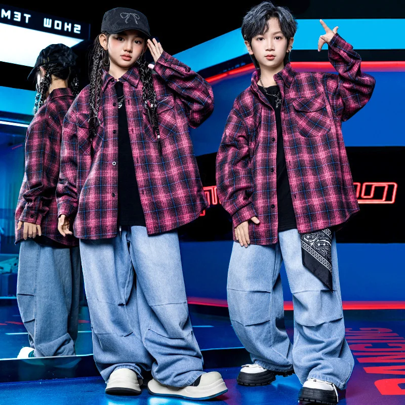 

Kids Boys Girls Streetwear Hip Hop Plaid Shirt Denim Pants Suits Performance Clothes Children T-shirt Jeans Sets Dance Costume