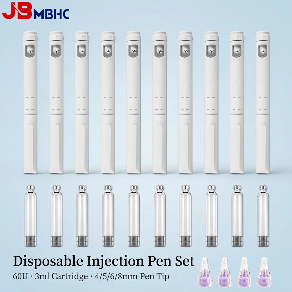 10/20PCS 60U Disposable Insulin Injection Pen Kit with 3ml Cartridges & 4/5/6/8mm Pen Tip, Adjustable Dose Dial Peptide Injector