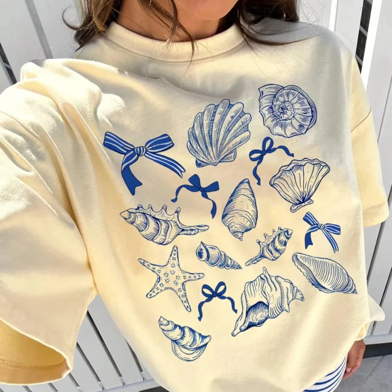 

Women's Ocean Animal Conch Bow Pattern Loose Round Neck T-Shirt Summer Spring Short Sleeves Oversize Cotton Top Tees