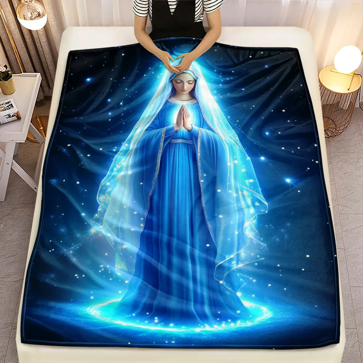 Luxury Celestial Blue Blanket Throw Spiritual Virgin Mary Starry Night Pattern Polyester Cozy Winter Bed Cover for Bedroom Gift