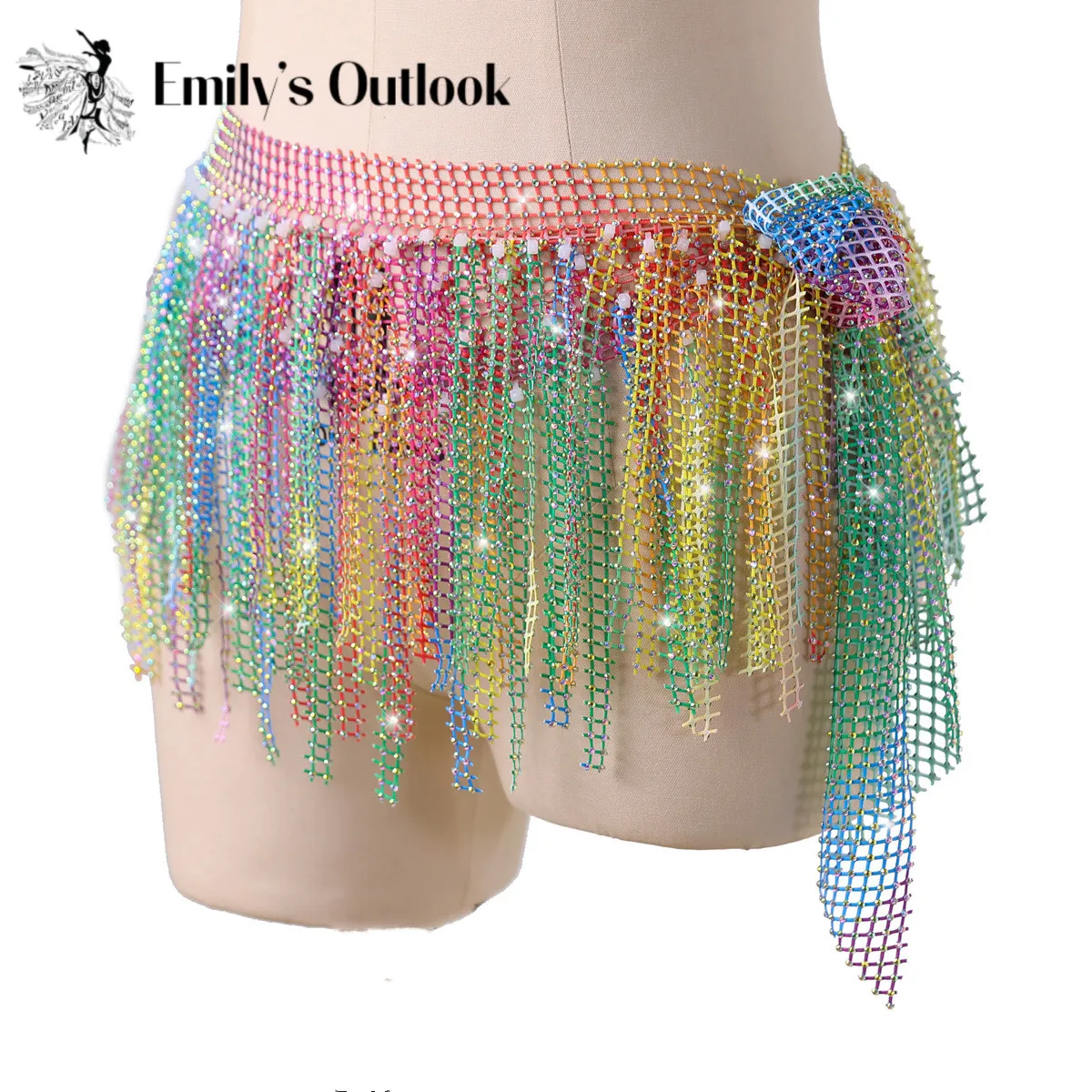 Shine Hip Scarf Belt Belly Dance Performance Show Costume Accessory Rhinestone Colorful Triangle Wrap Skirt with Fringe Luxury