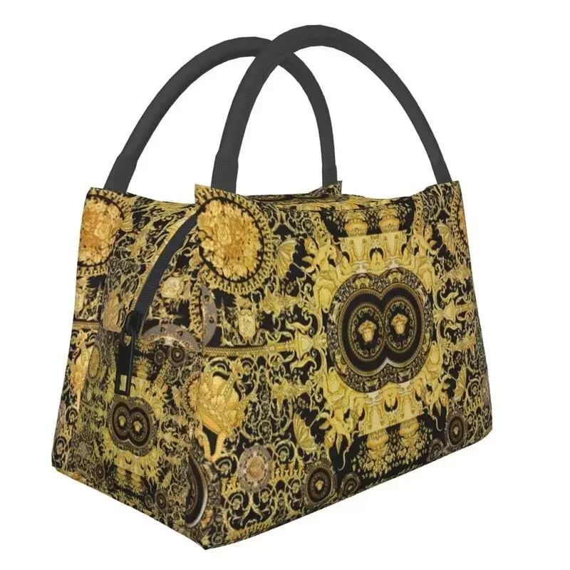 Decorative Design Baroque Gold Luxurious European Portable Lunch Box Women Multifunction Cooler Thermal Food Insulated Lunch Bag