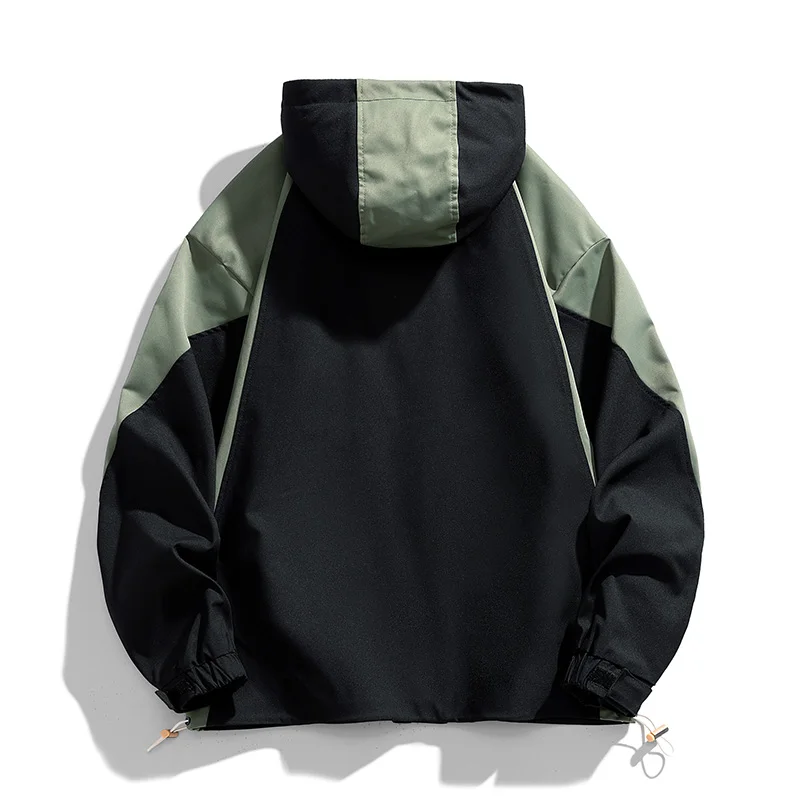 Men Patchwork Hooded Jacket Color Block Drawstring Hood Windbreaker Multi Pocket Casual Streetwear Outerwear for Spring Autumn