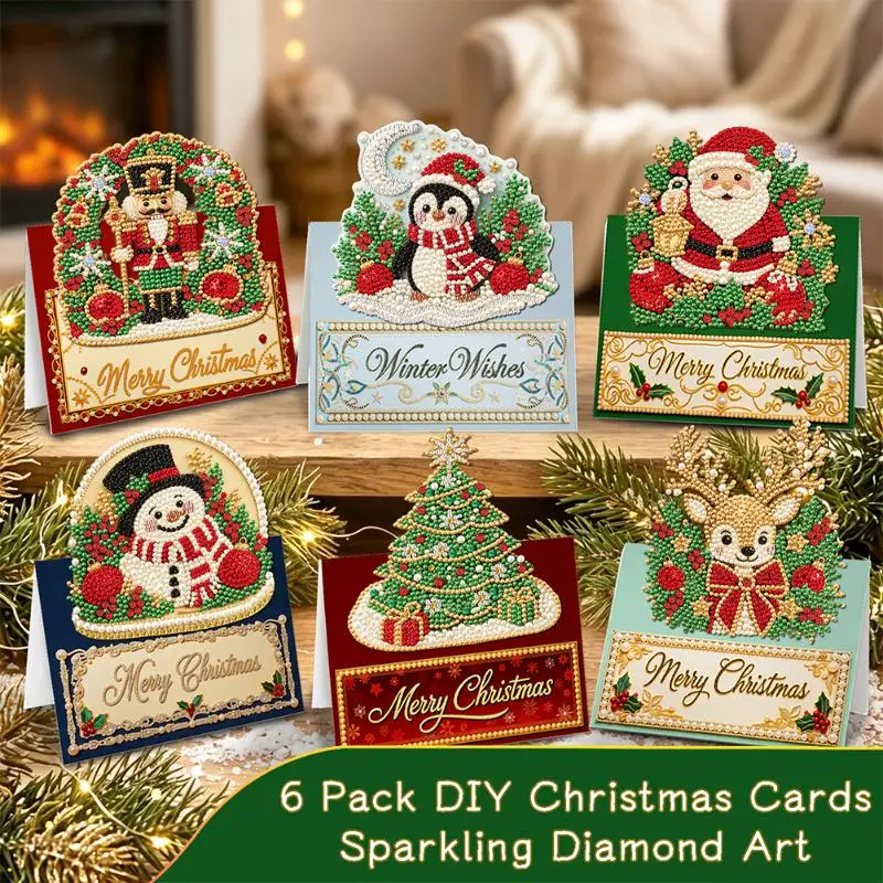 1/6Pcs DIY Merry Chrismas Greeting Cards Set 3D Pearl Diamond Art Christmas Cards Making Kit Xmas Wishes Cards Kits