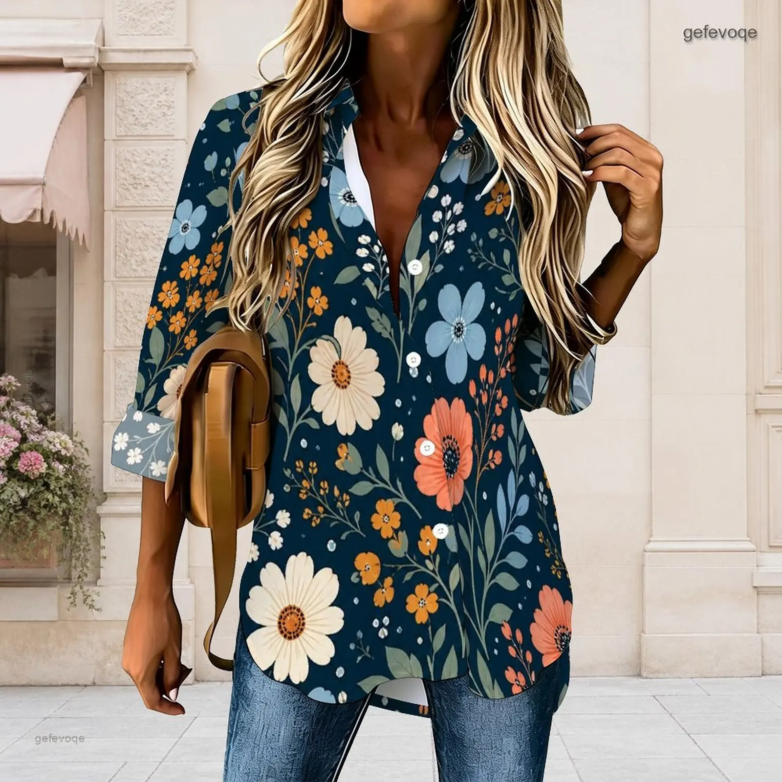 Women All Over Floral Print Collared Button Front Long Sleeve Shirt