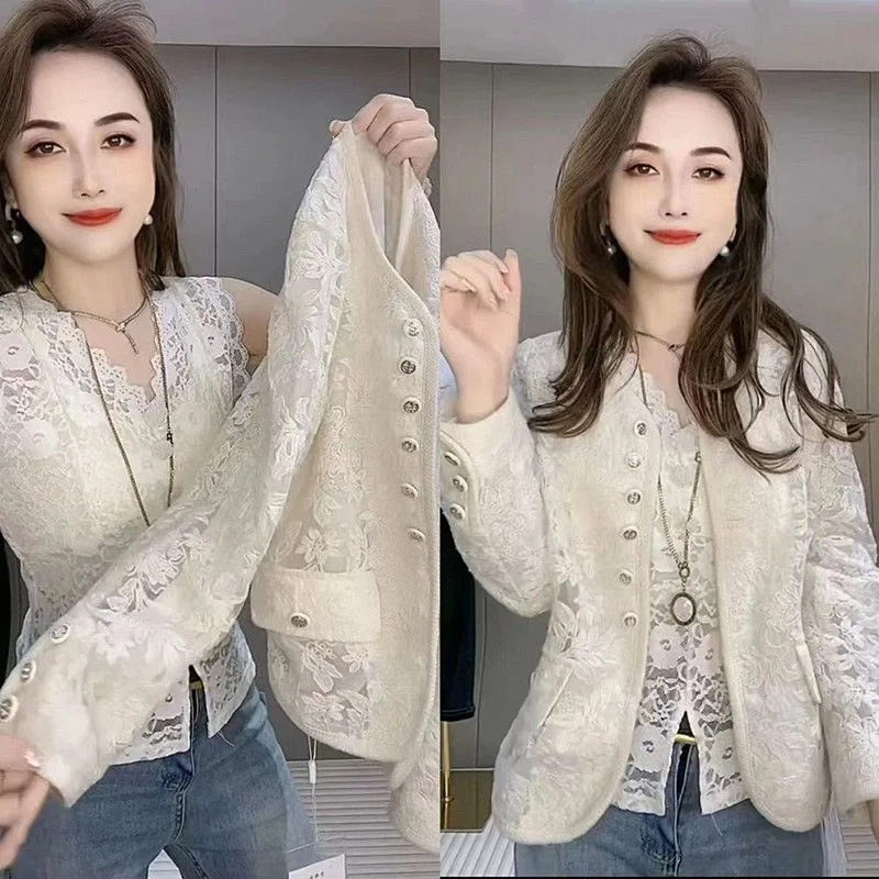 Women New Korean Long Sleeved Jacket 2024 Spring Female Stand Up Collar Fragrant Wind Hollowed Out Lace Coat Sun Protection Top